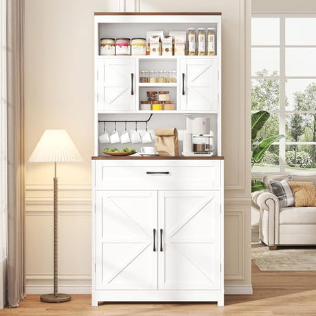 kepptory 69" Tall Farmhouse Kitchen Pantry Cabinet, Kitchen Hutch Bar Cabinet with Drawers&Cup Holder, Large Wooden Storage Cabinets with Barn Doors&Microwave Stand, Cupboard for Dining Room(White) kepptory