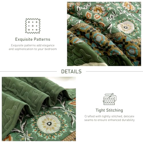 Yiran King Size Quilt, Olive Green Spring Summer Bedspread Bedding Set, 3 Pieces Bohemia Coverlet with 2 Pillow Shams for All Season 110x90 Inch