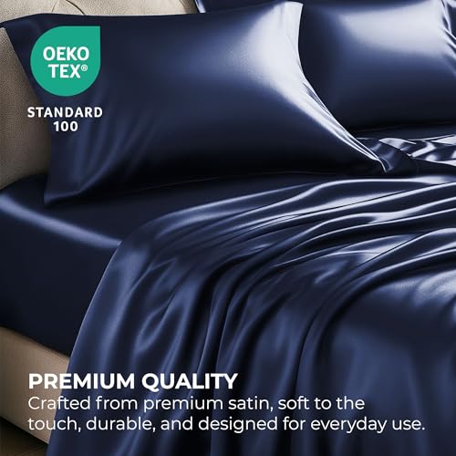 Pure Bedding Satin Sheets Twin Hotel Luxury Silky Bed Sheets - Extra Soft 1800 Microfiber Sheet Set, Wrinkle, Stain Resistant - Deep Pocket Fitted Flat Sheet, Pillow Cases (3-Piece, Midnight Blue) Pure Bedding
