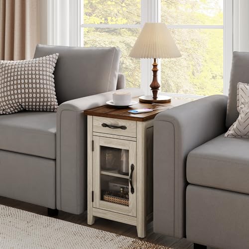 LINSY HOME Farmhouse End Table with Charging Station, Narrow Side Table for Living Room, Sofa Side Table with Drawer and Storage Cabinet, Small Nightstand for Bedroom - WoodArtSupply