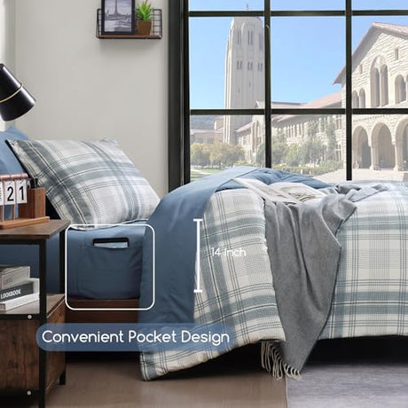 AMBERSPACE Twin XL Comforter Set, Blue Grey Plaid Bedding Set 5 Piece for Boys Girls Teen, Classic Homestead-Style Kids Comforter Set Bed in A Bag with Sheets, Pillowcase & Sham AMBERSPACE