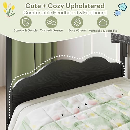 LIKIMIO Twin Bed Frame with 2 Storage Drawers, DIY House Bed with Bookshelf & Curved Headboard & Footboard, Twin Corner Bed Frames for Bedroom, No Box Spring Needed, Black LIKIMIO