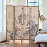 Svimi Asian Style Room Divider - 4 Panel Plum Blossom/Mountain/Calligraphy Design with Wood Frame, Freestanding Partition Screen (67″H x 64″W) (Nature, Calligraphy) Svimi