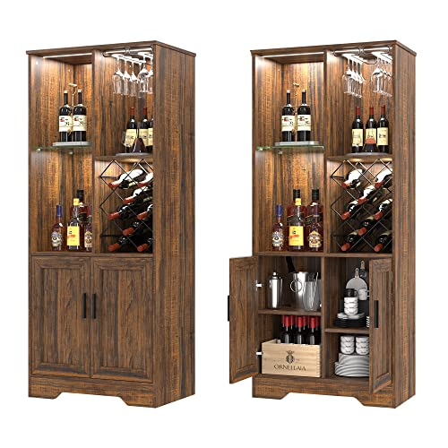 Kasibie Wine Cabinet, Wine Bar Cabinet with LED Lights, Liquor Cabinet with Glass Holder Wine Rack, Farmhouse Modern Liquor Cabinet with Storage for Home (Brown) Kasibie
