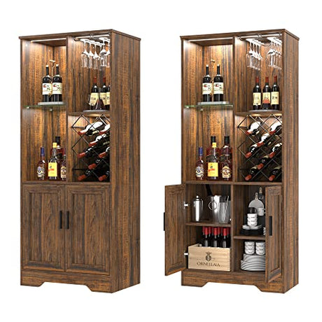 Kasibie Wine Cabinet, Wine Bar Cabinet with LED Lights, Liquor Cabinet with Glass Holder Wine Rack, Farmhouse Modern Liquor Cabinet with Storage for Home (Brown) Kasibie