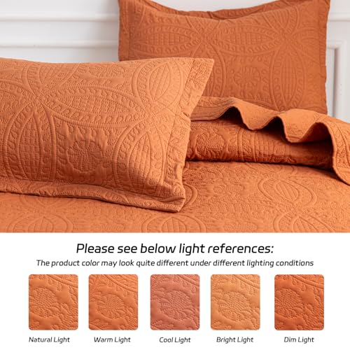 SheRest Full Quilt Bedding Set - Soft Breathable Bed Quilts, Modern Style Embossed Bedspreads, Lightweight Microfiber Coverlet for All Seasons, Burnt Orange, 3 Pieces (1 Quilt,2 Pillow Shams) SheRest