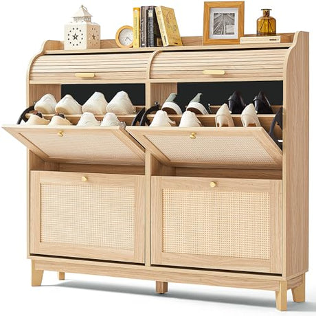 LINSY Shoe Storage Cabinet, Rattan Shoe Cabinet Wood Shoes Rack Cabinets with Sliding Tambour Door, Large Flip Drawer Shoe Cabinet Boho Hidden Shoe Storage for Entryway, Front Door, Hallway, Oak LINSY