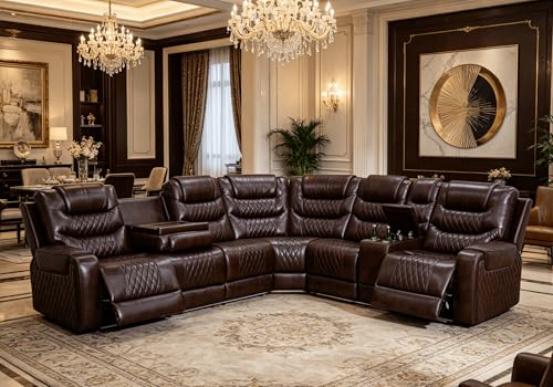 Caerrlcias Power Recliner Sectional Sofa with LED Lighting, Breathing Leather Corner Couch with USB Port and Storage Console, Cup Holders– Home Theater & Living Room Seating (Brown)