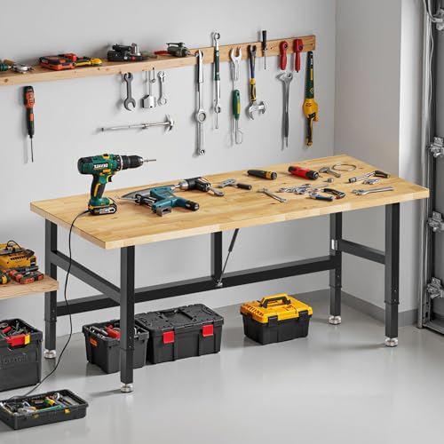 MUWOOD 60” Folding Workbench, 2000 LBS Capacity Heavy Duty Workbench, Height Adjustable Foldable Work Table, Rubberwood Collapsible Desk for Workshop, Garage, Office, Home MUWOOD