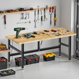 MUWOOD 60” Folding Workbench, 2000 LBS Capacity Heavy Duty Workbench, Height Adjustable Foldable Work Table, Rubberwood Collapsible Desk for Workshop, Garage, Office, Home MUWOOD