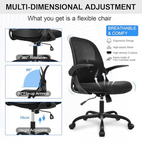 Primy Office Chair Ergonomic Desk Chair with Flip up Armrests Swivel Breathable Desk Mesh Computer Chair with Adjustable Lumbar Support and Height for Conference Room (Black) Primy