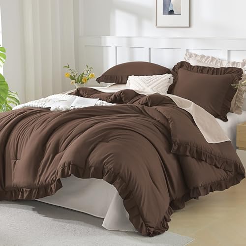 Andency Brown Comforter Twin Size, 2 Pieces Solid Farmhouse Shabby Chic Ruffle Bedding Comforters & Sets, All Season Soft Lightweight Fluffy Bed Set for Kids Girls Teens