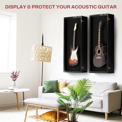 PENNZONI Extra Large Acoustic Guitar Display Case - Wall Mount Display Case for Acoustic/Electric Guitars - Ultra Clear Acoustic Guitar Solid Wood Frame Display Case | Black, Black Felt - WoodArtSupply