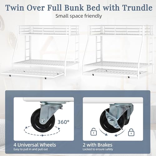 Shintenchi Twin Over Full Size Bunk Bed with Trundle, Heavy-Duty Metal Frame, 2 Ladders & Full-Length Guardrail, Space-Saving Sleep Solution for Kids/Teens/Adults, White Shintenchi