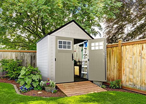 Rubbermaid Resin Outdoor Storage Shed With Floor (7 x 7 Ft), Weather Resistant, Beige/Brown, Organization for Home/Backyard/Garden Tools/Lawn Mower/Bike Storage/Pool Supplies - WoodArtSupply