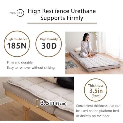 EMOOR Japanese Tri-fold Futon Mattress Machi with Mattress Pad Small-Twin Gray, Gusset Foldable Storable Washable Floor Sleeping Guest Bed Tatami Mat EMOOR