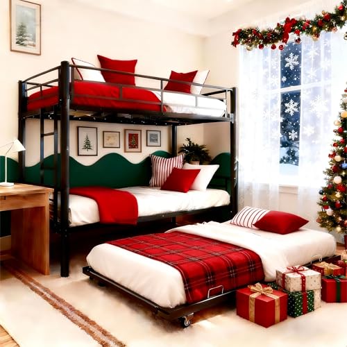 HomeCyber Metal Twin Bunk+Trundle Sleeps 3, Splits into 2 Beds, Reinforced Steel Frame, Noise-Free, Growing Family & Shared Kids Room, No Box Spring, Black HomeCyber