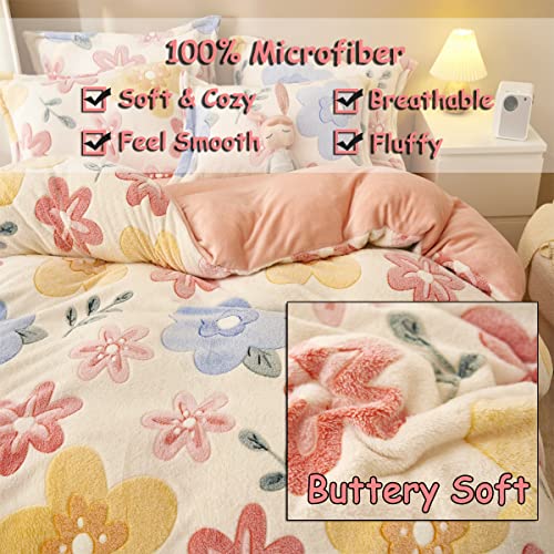 LMONMOO Pink Duvet Cover Queen Size, Fluffy Comforter Cover Set, Kawaii Bunny Bedding Sets for Girl Ultra Soft Cute Floral Bed Set for Kids (Flower, Queen) LMONMOO