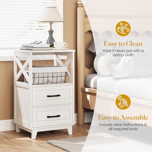 May in Color Set of 2 White Nightstand with 2 Drawers and Open Shelf, Bedside Table with Solid Feet, Modern Night Stand End Table for Bedroom, Living Room, Home Office May in Color