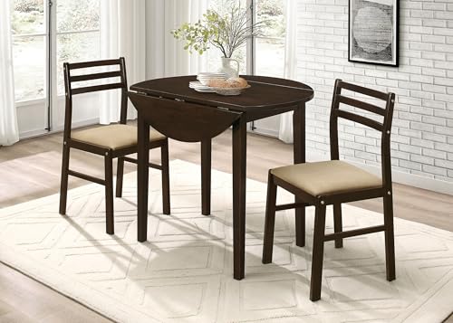 Coaster Home Furnishings 3-Piece Round Wood Dining Room Set Drop Leaf Extension Table Ladder Back Side Chairs Upholstered Seat Cushions Cappuccino and Tan 130005 Coaster Fine Furniture
