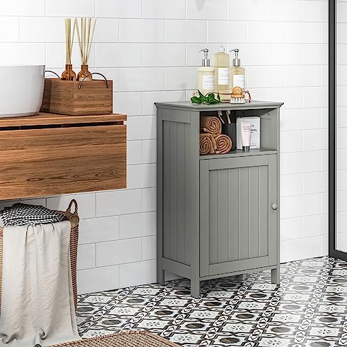 CLEEMAN Bathroom Storage Cabinet, Freestanding Wooden Bathroom Floor Cabinet with Door, Open Shelf, 3-Level Adjustable Shelf, Multipurpose Side Storage Organizer for Living Room, Kitchen (Grey) CLEEMAN