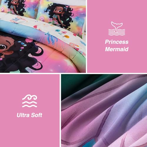 A Nice Night 6pcs Comforter Set,Black Girl Princess Mermaid with Green Tail Printed,Pink Gradient Glitter Rainbow Background Kids Bedding Set,Twin A Nice Night