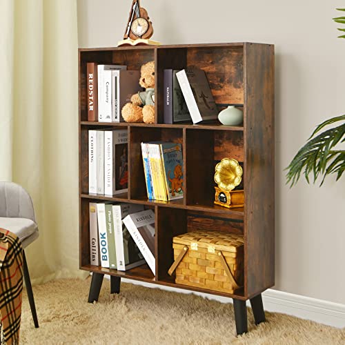 Modern Rustic Brown 3-Tier Cube Bookshelf by LEYAOYAO - Elegant Storage Organizer with Legs - WoodArtSupply