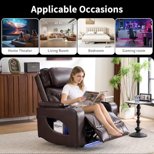 Zuacs Power Recliner Home Theater Seating with Cooling Cup Holder and Massage Heating, Blue Color Ambient Lighting Recliner Chair,Movie Sofa with Tray Table, USB Charging & Manual Headrest, Brown
