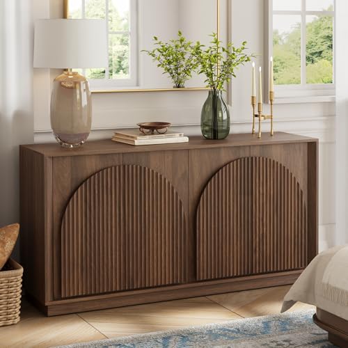win2win Fluted Sideboard Buffet Cabinet with Storage, 65" Mid Century Modern Accent Cabinet with Double-Layered Arch Doors,Wood Media TV Console Table Credenza for Living Room Hallway Entryway,Walnut win2win