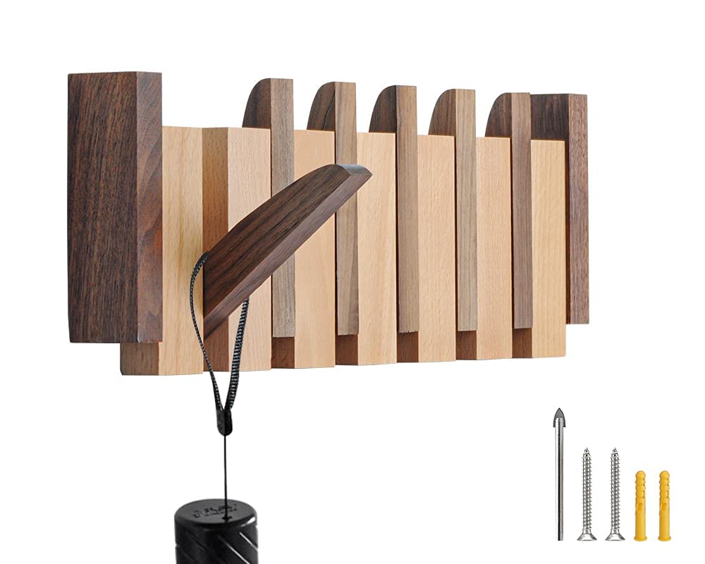 OLETNY Coat Rack Wall Mount Wood, Wood Coat Rack Wall Mount with 6 Flip-Down Magnetic Hooks Piano Wall Coat hanger for Entryway, Bathroom, Bedroom, Kitchen OLETNY