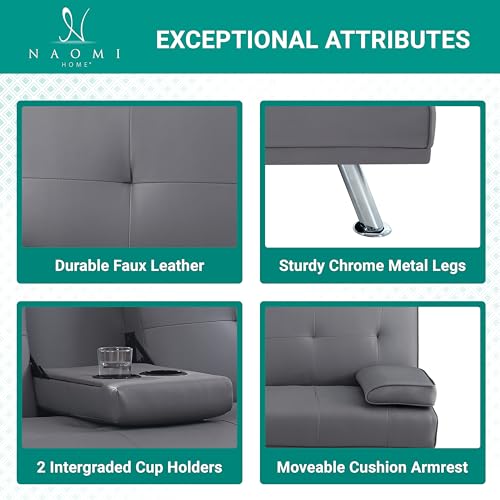 Naomi Home Transform Your Living Space with Comfort Gray Futon Sofa Bed with Armrest Cupholders Reclining Function Ideal for Cozy Living Rooms Sofa Bed Couch Metal Legs Faux Leather Naomi Home