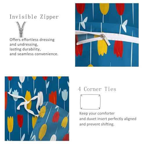 Blue Duvet Cover Set Small Single Size, 2-Piece Reversible Bedding Set, Brushed Microfiber Bedding with Zipper Closure & Corner Ties, Soft Breathable Minimalist Plants Fresh Flowers Duvet Cover Generic