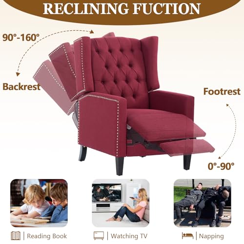 Wingback Recliner Chairs with Foldable Side Table&USB Charging Ports,Mid Century Accent Single Sofa Small Recliner Chair,Modern Comfy Pushback Reclining Chair for Living Room (Fabric, Wine Red)