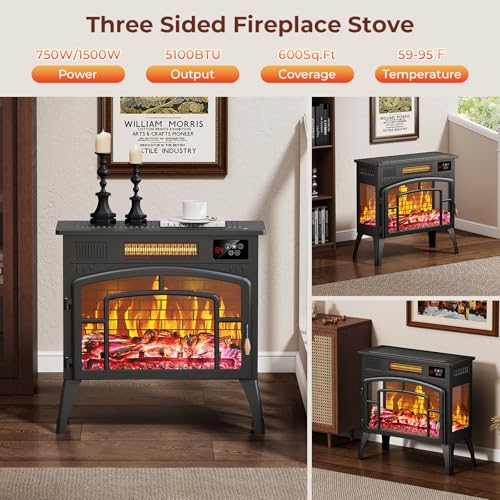 BREEZEHEAT Electric Fireplace Stove-Freestanding Fireplace Heater w/ 3D Flame, Thermostat, Remote, 1500W/750W Quiet Heating, Portable Fireplace for Indoor Use, Overheating Protection, Black, 23" Wide BREEZEHEAT