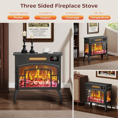 BREEZEHEAT Electric Fireplace Stove-Freestanding Fireplace Heater w/ 3D Flame, Thermostat, Remote, 1500W/750W Quiet Heating, Portable Fireplace for Indoor Use, Overheating Protection, Black, 23" Wide BREEZEHEAT