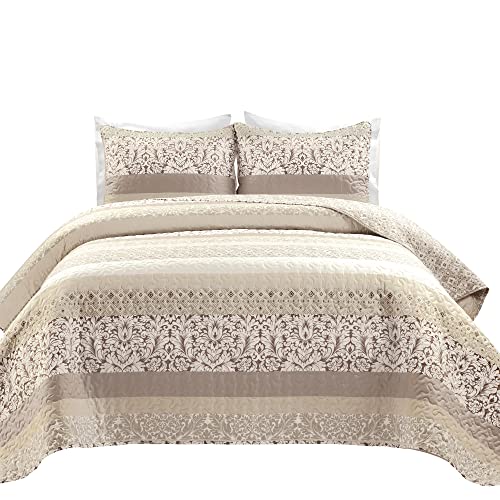 Lush Decor Boho Stripe Reversible Cotton Quilt 3-Piece Set, King, Neutral - Bold Colorful Bohemian Bedding Set Lush Decor
