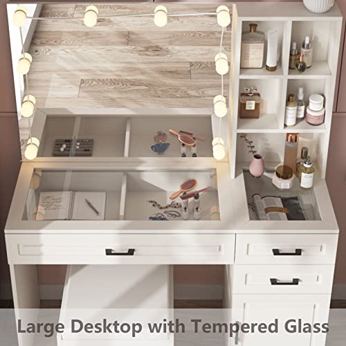 Fameill White Vanity Desk with Mirror and Lights,Glass Top Vanity Table with 3 Drawers and Cabinets,Large HD Mirror Makeup Desk,3 Lighting Modes, Brightness Adjustable,45 in(L) Fameill