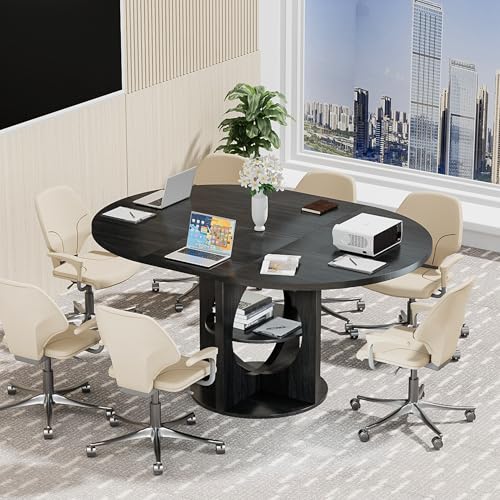 Black Extendable Round Conference Room Table for 4-6, 43-59 Inch Oval Meeting Room Table with Storage, Wooden Circle Desk with Leaf, Space Saving, for Office, Conference Room, Boardroom, Seminar Xyulmeo
