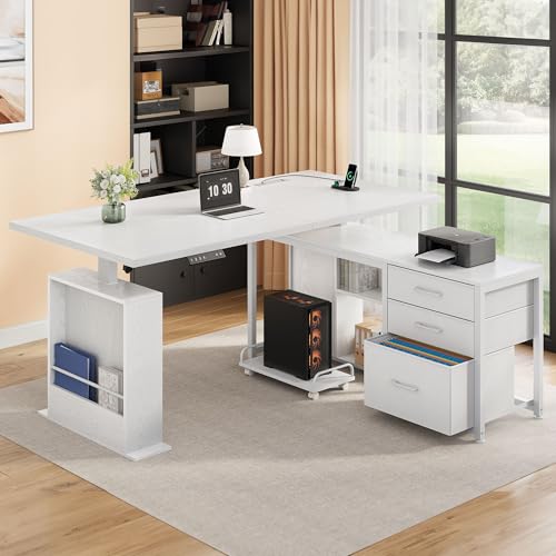 Homiflex 63" L Shaped Standing Desk with 3 Drawers Electric Adjustable Height Desk Corner Standing Desk with Storage Computer Game Desk with Power Outlets Computer Tower Stand for Home Office, White Homiflex