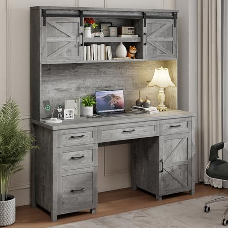 Farmhouse 67''H Executive Desk with Hutch & 5 Drawers, Rustic Office Desks Computer Desks with Charging Station, File Drawers and Storage Cabinets, Wood Workspace for Home Office & Study.（Grey）. Vabches