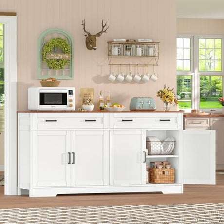 usikey Buffet Cabinet with Storage and Drawers, 55" Large Sideboard Buffet Cabinet with Adjustable Shelves and Doors, Modern Coffee Bar for Kitchen, Living Room, White usikey