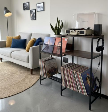 JinMing Vinyl Record Player Stand, Heavy-Duty Audio Cabinet for Records, Turntable, Receiver, Speakers, Wood Media Console for Living Room, Retro Industrial Style JinMing