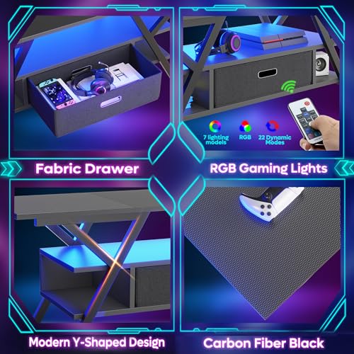 Bestier LED TV Stand with Power Outlets for 65 Inch TV, 55 inch Entertainment Center with Removable Drawer for Living Room Bedroom, Gaming TV Stand 20 Dynamic RGB Modes, Carbon Fiber Black Bestier