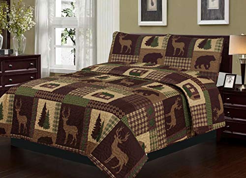 How Plumb Aubrie Home Accents Cozy Cabin 2-Piece Twin Quilt Bedding Set with Pillow Sham Rustic Patchwork Plaid Deer Coverlet Bedspread, Brown Tan Green How Plumb