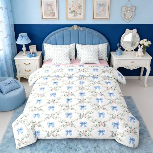 Erosebridal Flower Bowknot 7 Piece Bed in a Bag Twin Coquette Decor 7 Piece Comforter Set Dreamy Princess Style Fitted Sheet Reversible Natural Floral Ribbon Sheet Set Breathable Lightweight Erosebridal