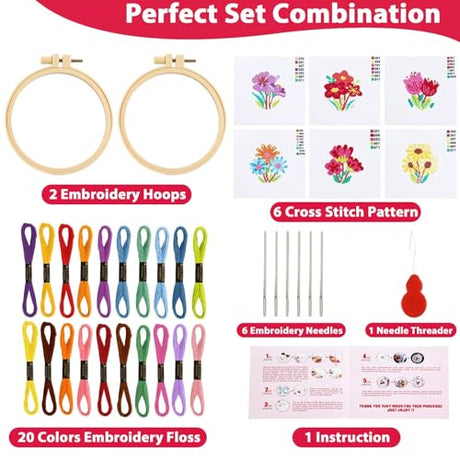 ZOIIWA 6PCS Spring Themed Flower Cross Sewing Kits for Beginners Flower DIY Embroidery Kit for Kids Adults Party Birthday Christmas Gift Needlepoint Patterns with 2 Embroidery Hoops Craft Supplies ZOIIWA