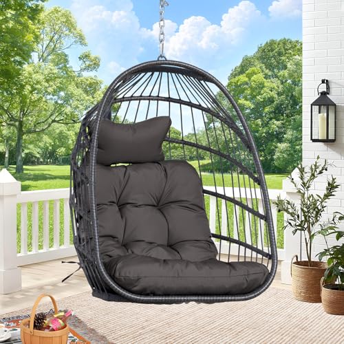RADIATA Outdoor Egg Chair Without Stand, Foldable Durable Rattan Wicker Hanging Swing Basket, 350 Lbs Heavy-Duty Hammock Chair with Cushion for Patio Balcony Garden Ceiling or Tree Mount, Dark Gray