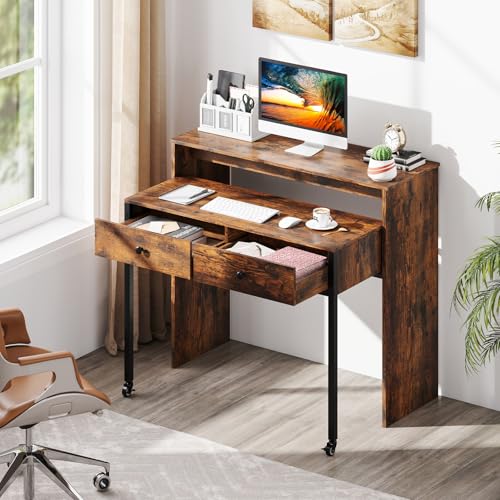 Giantex Small Computer Desk with Hutch & Drawers, Extendable Writing Desk w/Pull Out Secondary Table, Monitor Stand & Rolling Wheels, Console Table, Compact Desk for Small Spaces (Rustic Brown) Giantex
