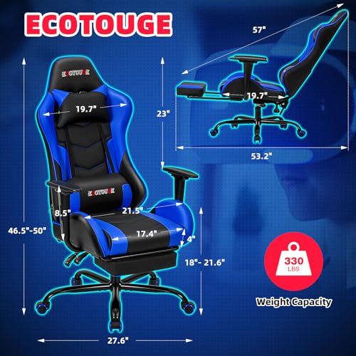 ECOTOUGE PC Massage Gaming Chair with Footrest Ergonomic Office Desk Chair Racing PU Leather Recliner Swivel Rocker with Headrest and Lumbar Pillow, Blue ECOTOUGE