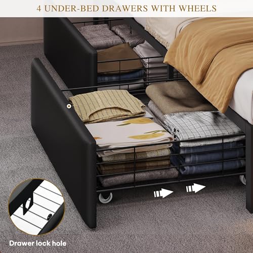 DWVO Queen Size Bed Frame with RGB LED Lights & Storage Bookcase Headboard, Upholstered Bed with Charging Station and 4 Drawers, No Box Spring Needed, Easy Assembly, Noise-Free, PU Leather Black DWVO